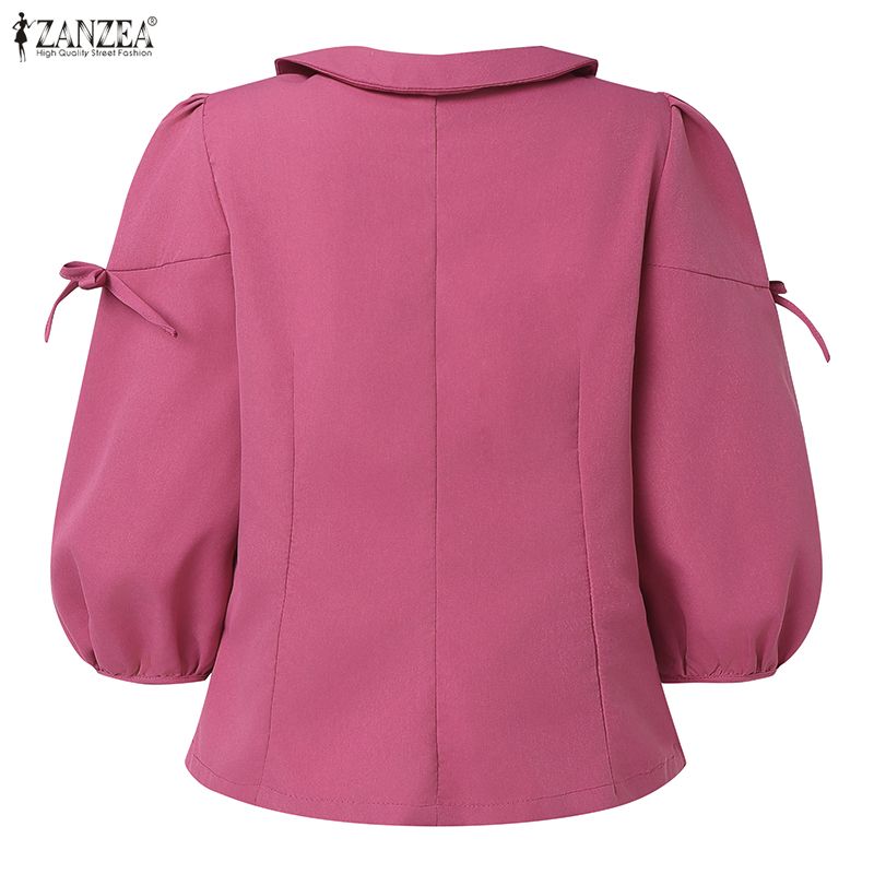 ZANZEA Women Casual Doll Collar Solid Color 3/4 Sleeve Loose Blouse