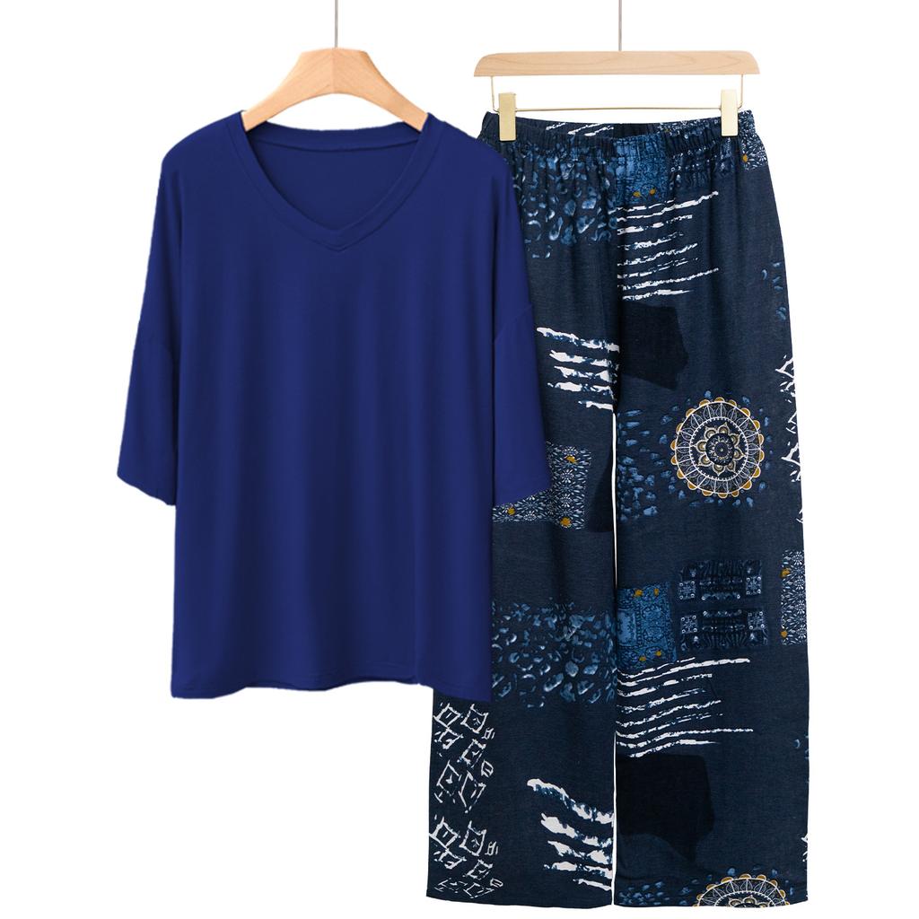 Pajamas Women's Spring and Summer New V-neck Short-sleeved Cotton and Linen Pants European and American Large-size Loungewear Two-piece Set