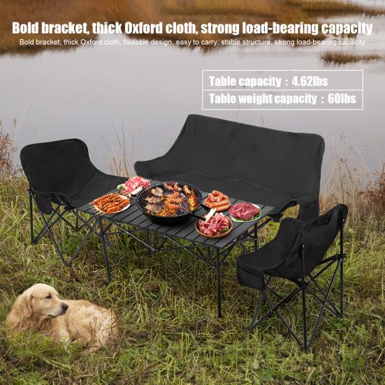 Folding Table Chair 4Pcs Set with 1 Sofa 2 Single Chairs Table, Portable Lightweight Camping Collapsible and Chair, Heavy Duty Lawn for Outdoor,