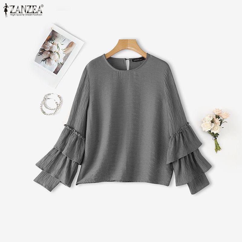 ZANZEA Women Casual Round Neck Ruffles Long Sleeve Loose Blouse