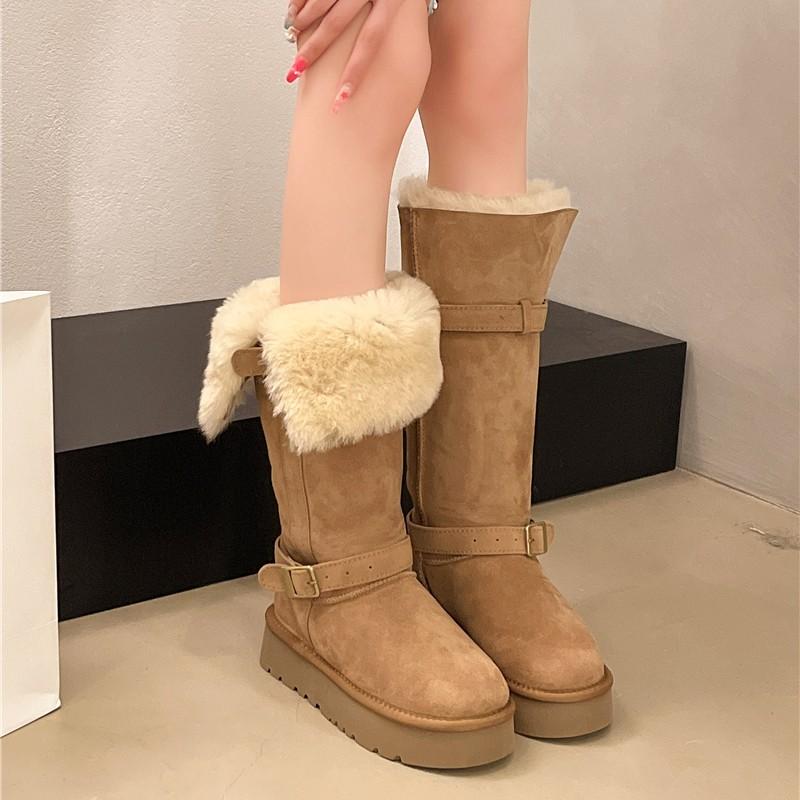 Plus Size Women's Boots Winter New Round Toe Sleeve Metal Buckle Platform Fleece Fur Non-slip Snow Boots