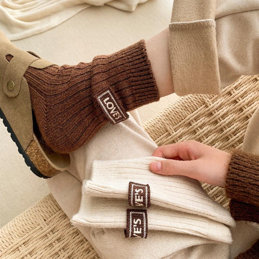 

Cloth Label Women Socks Keep Warm Knitted Socks Ins Mid-Tube Socks Autumn кофейный