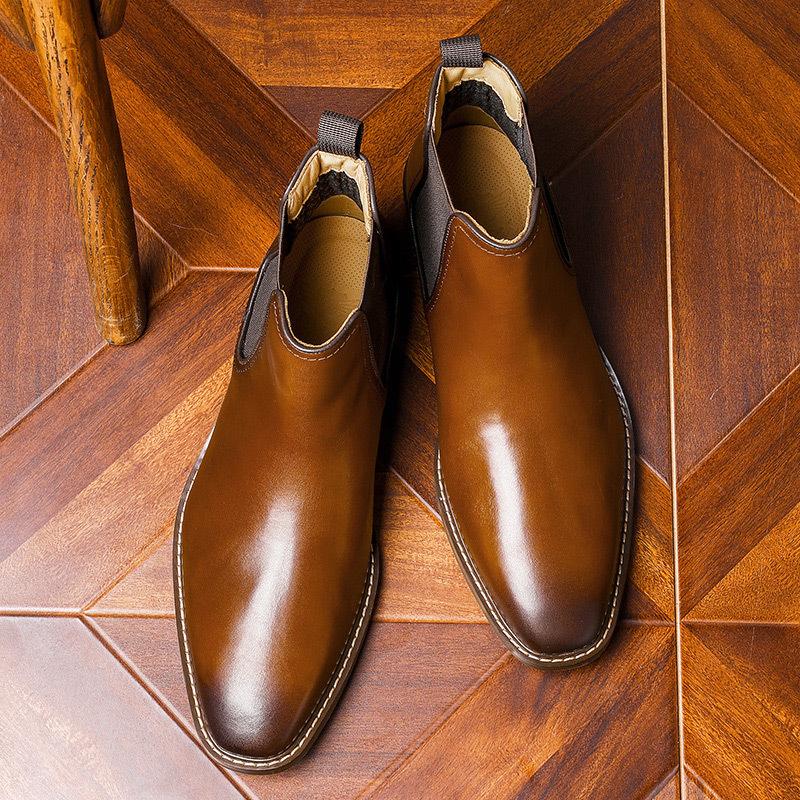 Herren Lederstiefel Top Rindsleder Chelsea Boots One Pedal Herrenstiefel Kleiner quadratischer Kopf Große Stiefel Herren