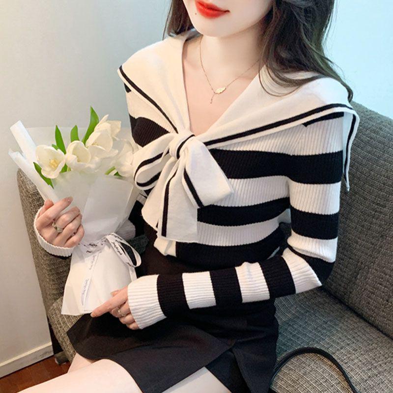 Navy Striped Collar Sweater Women’s Autumn/Winter 2025 College Style Slim Fit Knitwear