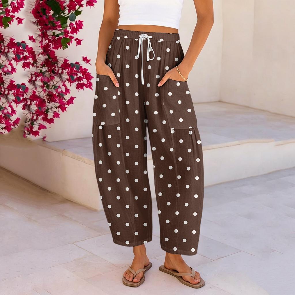 Damen Plus Size Freizeithose, Hoher Bund Lockerer Schnitt mit Taschen, Gepunkteter Druck