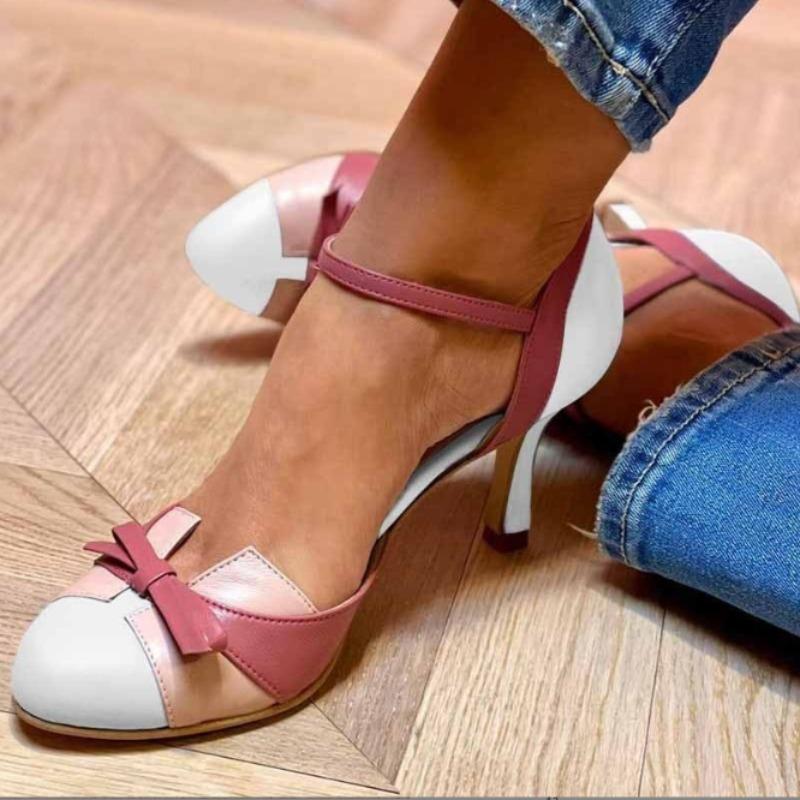Fashion Luxury Designer Sweet Female Pumps Round Toe Small Heels 6cm Buckle Strap Bowknot Mixed Color Plus Size 43 Spring Dating Shoes