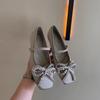 French Rhinestone Bow Square Head Satin Single Shoes Women's Spring 2025 New Versatile One-word Belt Ballet Shoes