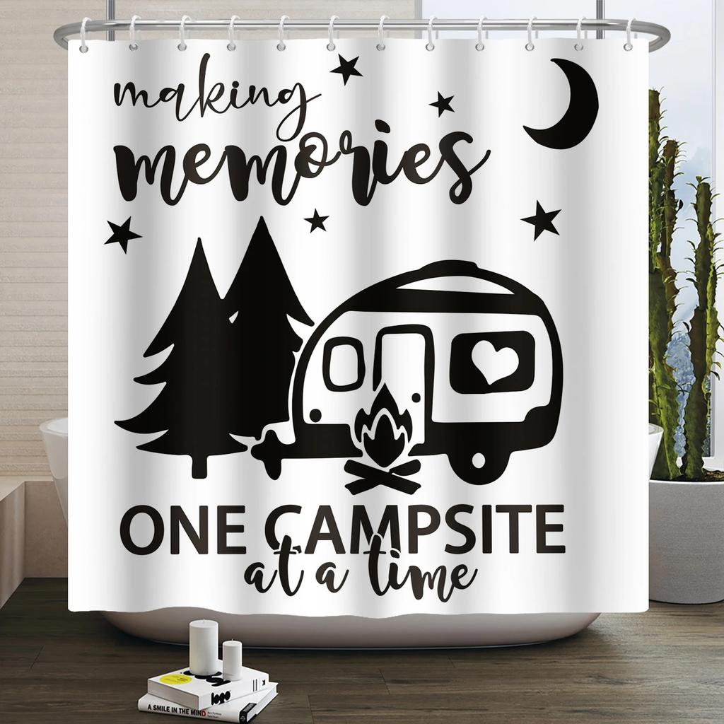 Camper Shower Curtain Happy Camper Trailer Car Rv Forest Mountain Tent Camping Bathroom Shower Curtain Waterproof Bath Curtain