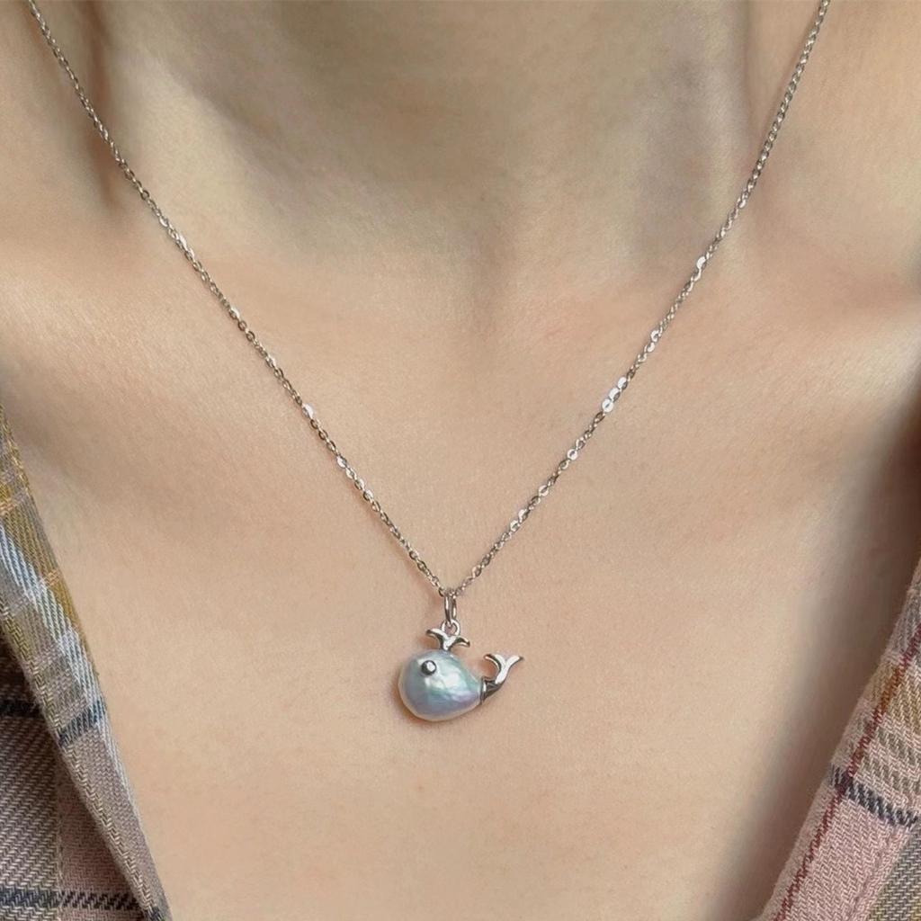 Baroque Little Whale Necklace, Special-Shaped Pearl, Marine Life Pendant, Collarbone Chain, Small Fish Stud Earrings Set, Color Retention.