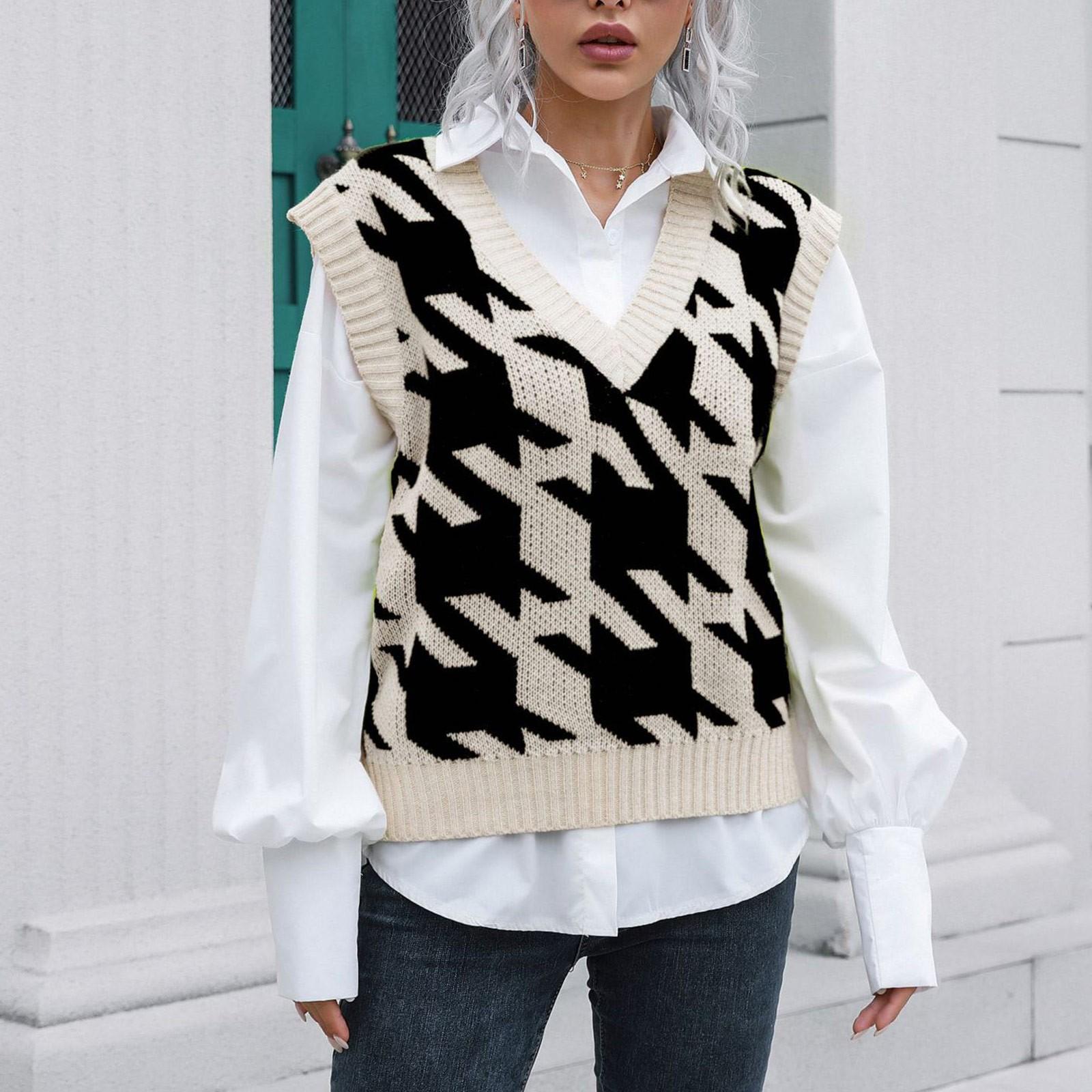 

Women s Fashion Plaid Vest Sweater Vest Outer Wear Inner Knitted Sweater L чорний