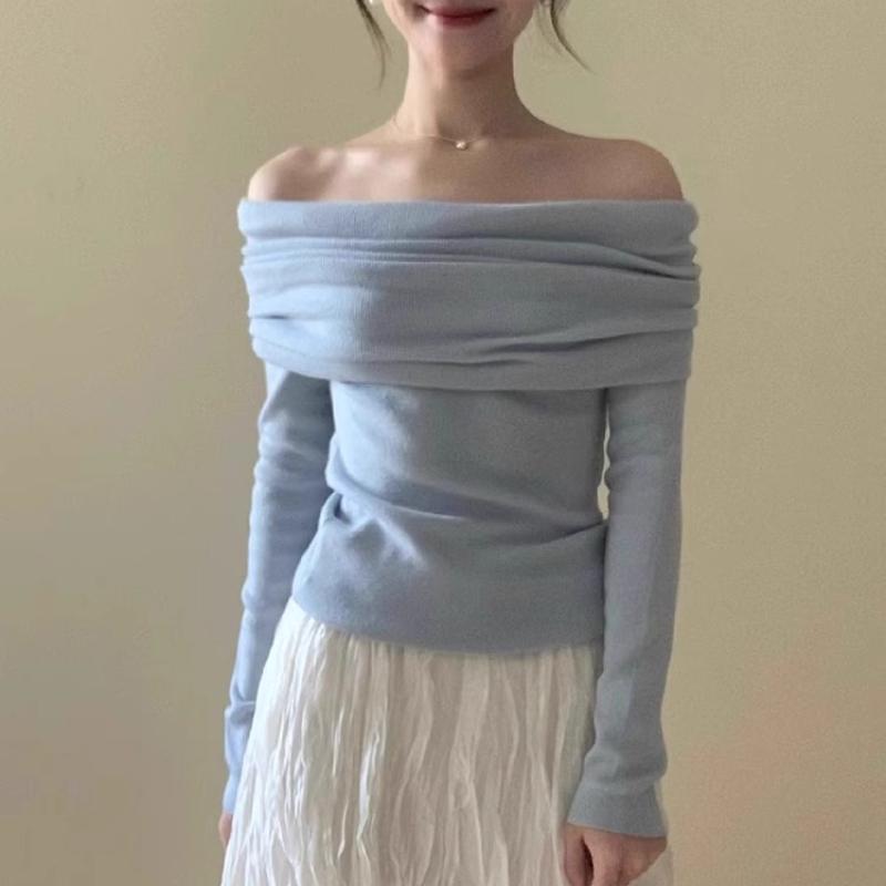 Autumn New Sexy One Shoulder Pullover Sweaters for Women Lapel Off Shoulder Long Sleeved Knitted Sweater Woman Elegant Casual Winter Knitwear 24861