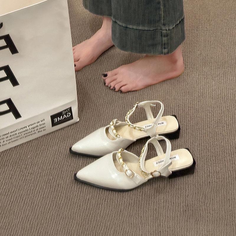 Beautiful pointed head low heel bag head sandals women's 2025 new summer with skirt high heels thick heel Mary Jane single shoes