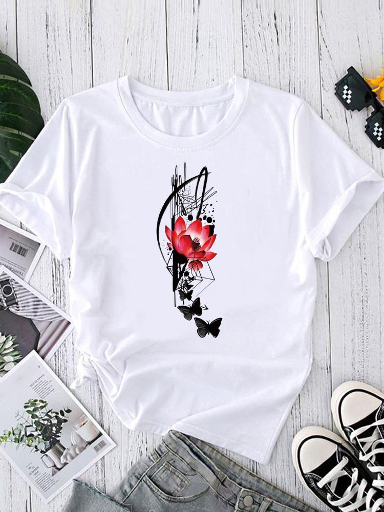 (Asian Size) Women's Top T Clothing feather trend cute Print Short Sleeve T-shirts Fashion Female Casual O-neck Graphic Tee