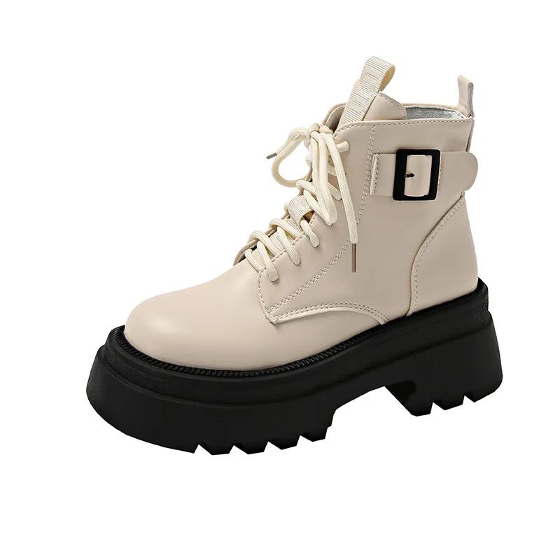 Women Boots British Autumn Winter New Platform Belt Buckle Zipper Lace Up Fashion Boots Comfortable Non Slip Outdoor Boots