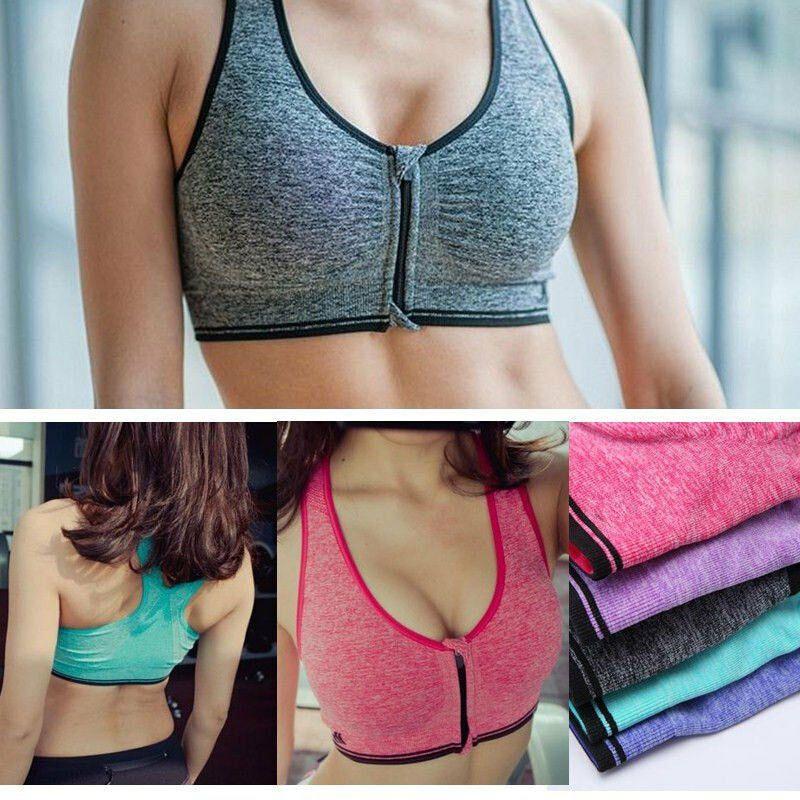 Womens Zip Front Wireless Padded Sports Bra Yoga Cami Push Up Support Top Vests