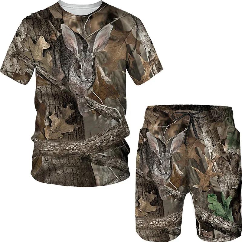 Tier Wildschwein Fuchs 3D-Druck 2-teiliges Set Camouflage Jagd T-Shirt Sets Mode Herren O-Ausschnitt Trainingsanzug Übergroßes Herren Sweatshirt