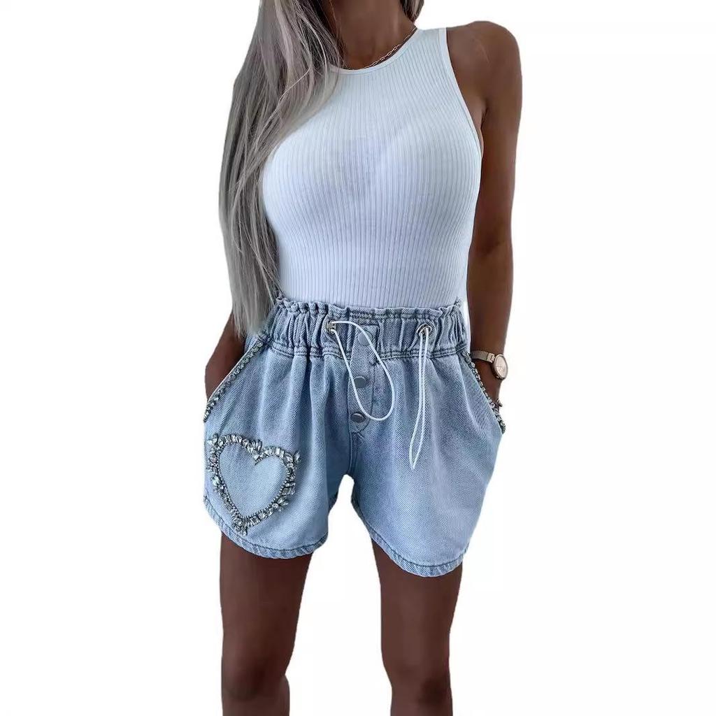 Handmade Beaded Rhinestone Elastic Waist Denim Shorts for Women – European & American Summer Autumn Fashion