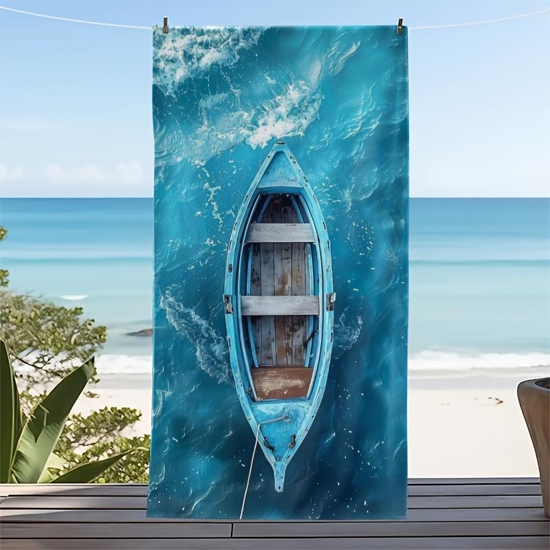 Aerial Boat Beach Towel Top-Down View Blue Canoe in Turquoise Wave Realistic Ocean Scene for Coastal Decor