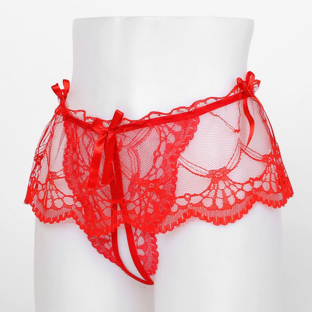 Mens Sissy Lace Panties Crotchless Underwear Lingerie Ladies Briefs Floral Briefs Bow Panties