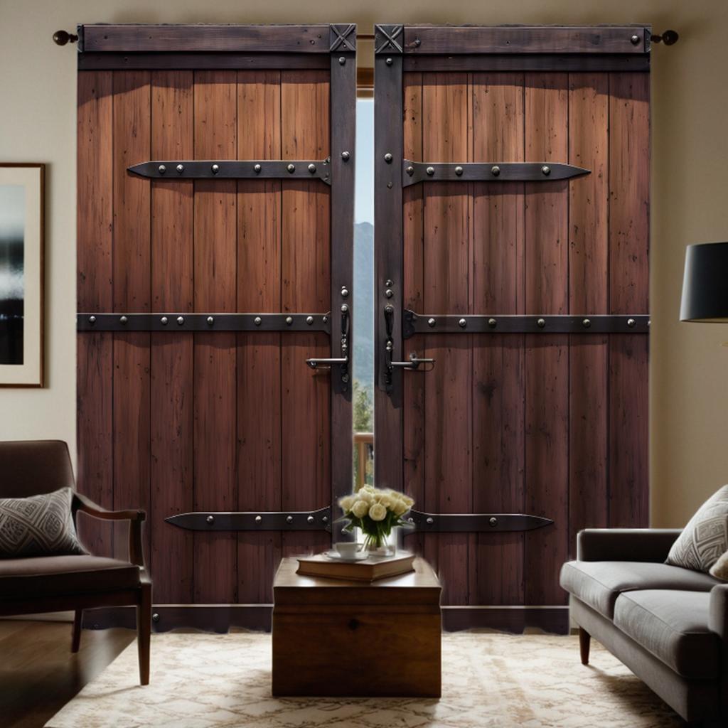 2pcs HD restoration bronzed wood door decoration curtain Brown digital printed curtain Home Decoration style Decoration livin