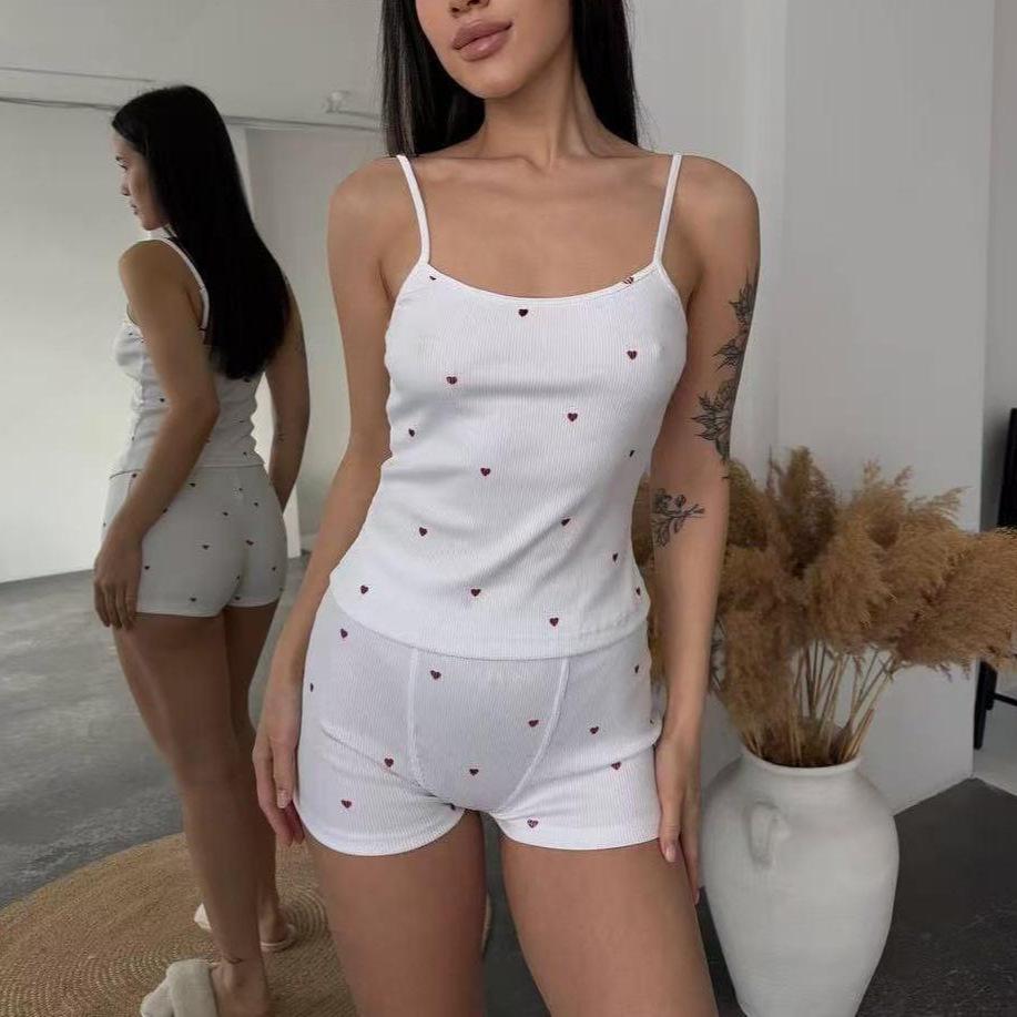 Damen-Strick-Pyjama-Set mit Herzmuster - Weste und elastische Shorts 2025