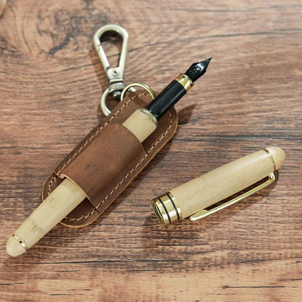 Luxury Pen Holder Keychain Portable Pen Pouch Keychain Genuine Leather Pen Case  School Supplies