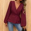 Women Tops V Neck Long Sleeve Slimming Blouse Waist Tight Ruffle Trim Hem Solid Color Shirt Tops Daily Wear