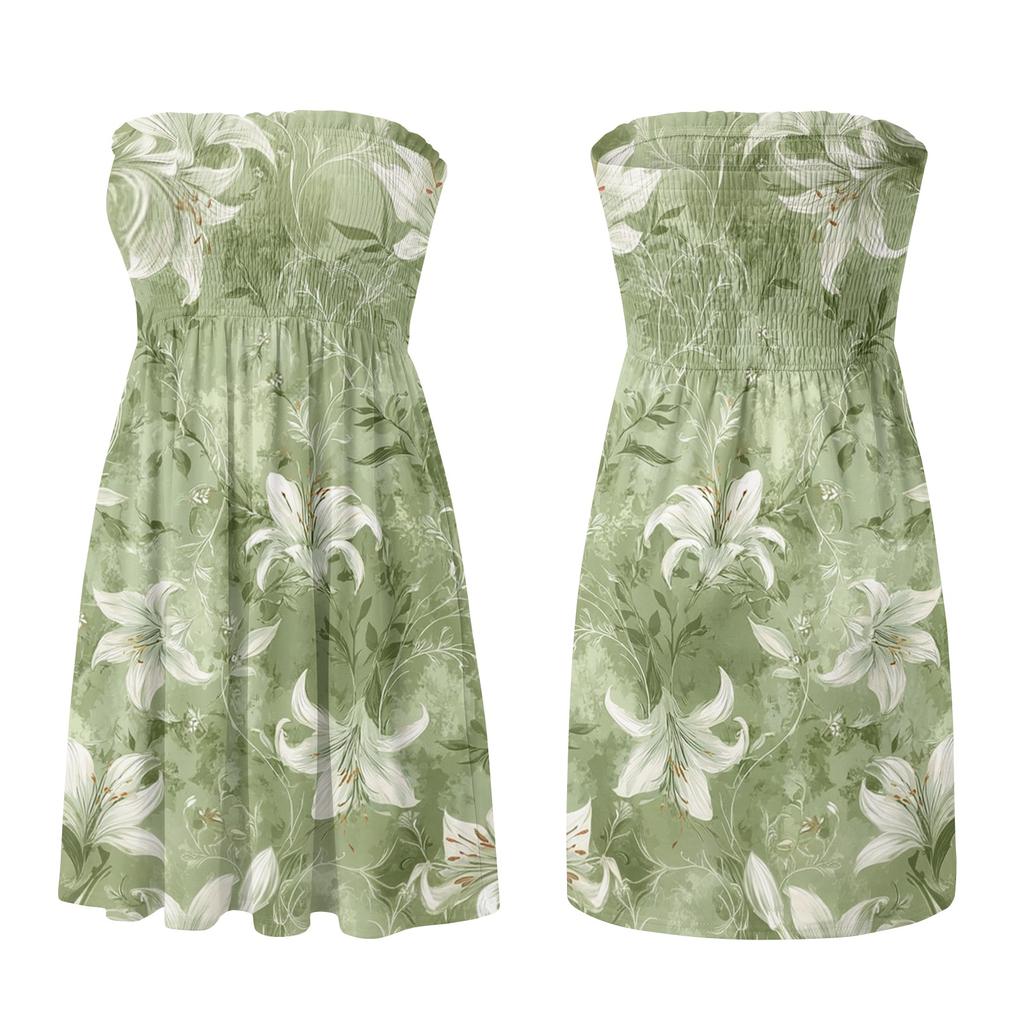 Women’s Strapless Casual Floral Print Dress Sleeveless Summer Sundress Smocked Bodice Lightweight A Line Style