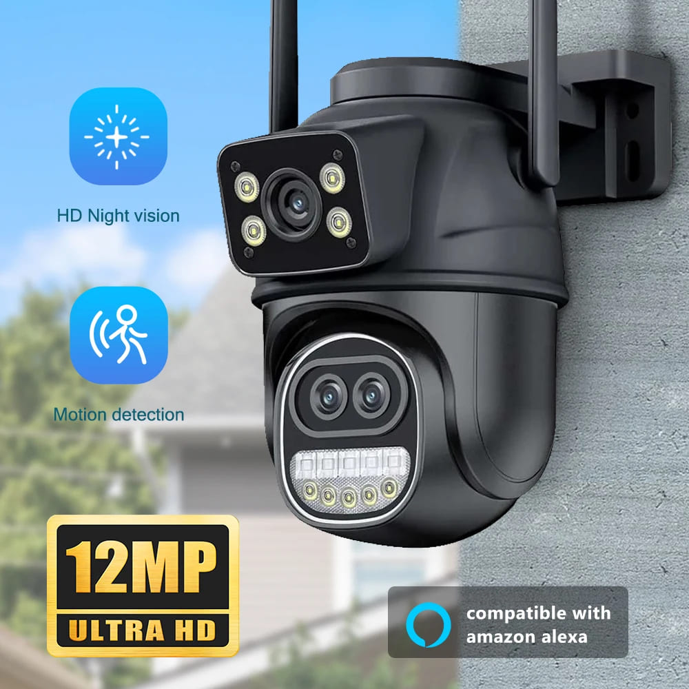 EU 12MP WiFi-Kamera Icsee Outdoor 6MP Drei Objektive Dual-Bildschirme 8-facher Zoom CCTV-Videokamera Automatisches Tracking