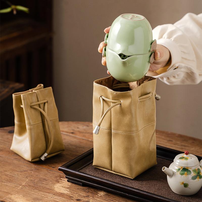 Portable Teapot and Teacup Storage Bag, Tea Set Accessories Bag, Jewelry Leather Bag, Home Storage Drawstring Bag
