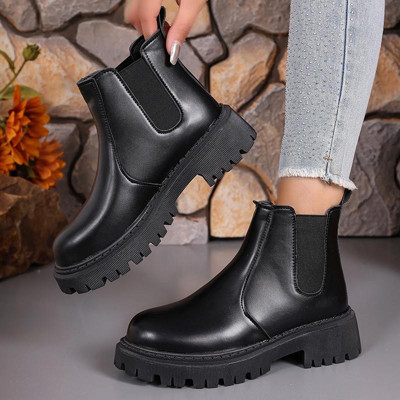 Women's Solid Color Platform Chelsea Boots Slip On Soft Sole Pu Leather Ankle Boots Woman Comfortable Autumn Winter Botas Mujer
