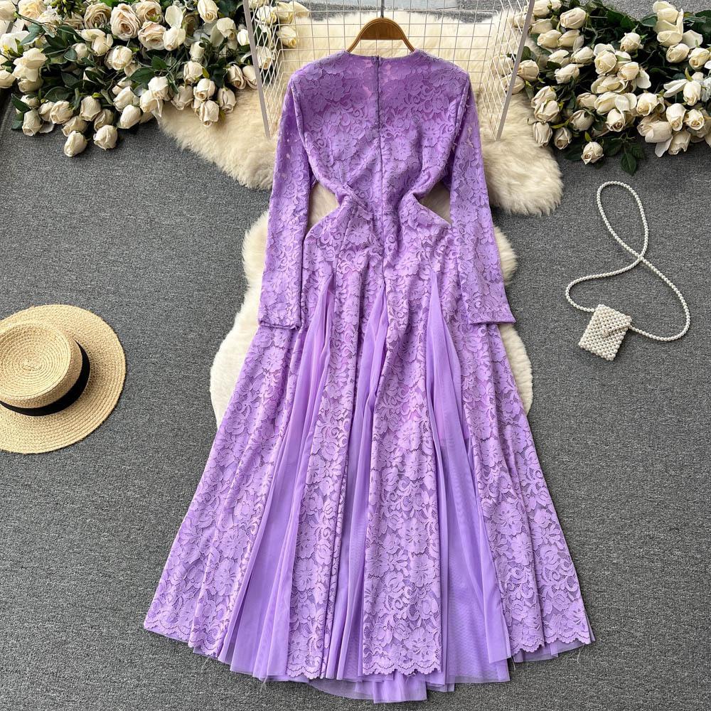 Abiti da Donna Francesi Delicati Eleganti in Pizzo con Cuciture in Rete Estate Autunno Manica Lunga Abiti da Ballo Sera Compleanno