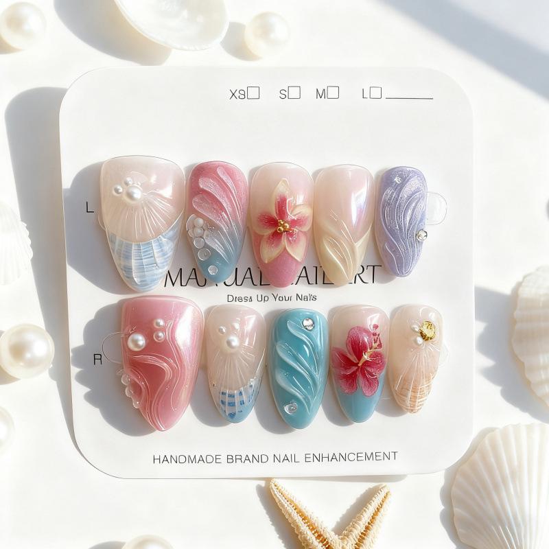 30PCS 3D Gradient Floral & Star Rhinestone Almond Manicure Tips