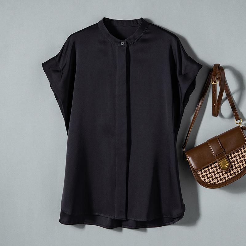 

Женская летняя рубашка из шелка тутового дерева с коротким рукавом и воротником-стойкой, 2025 XL