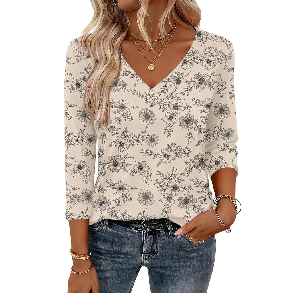 3/4 Length Sleeve Womens Tops V Neck Shirt  Casual Blouse Basic Tshirts