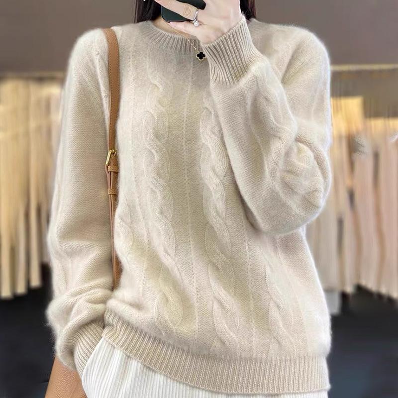 Spring Autumn and Winter Round Neck Solid Color Knitwear Vintage Fried Dough Twists Pullover Women Thick Slim Sweater Long Sleeve Warm Top Casual