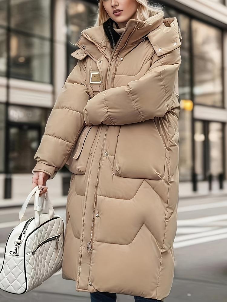 Solid Color Zip-Up Hooded Coat, Versatile Warm Quilted Detail Long Sleeve Mid-length Coat for Winter, Women's Clothing