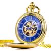 TREEWETO Mechanical Pocket Watch Antique Blue Dial Skeleton Roman Numerals Gold Double Hunter with Chain Lid