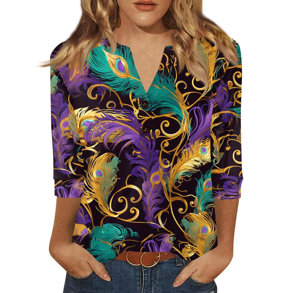 Women's Carnival Printed Fashionable Casual V-neck Button Seven Inch Sleeve T-shirt Top