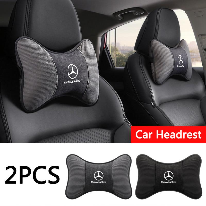 LJX1 2PC Car Seat Neck Pillow Leather Headrest Lumbar Waist Support Breathable For Mercedes Benz AMG W205 W204 W203 W210 W222 CLK GLA