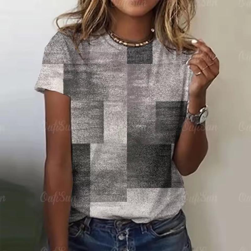 Summer Women's T Shirt Plaid Pattern Print Casual Short Sleeve Crew Neck Tops Fashion Street Oversized Female Clothing Pullover