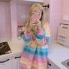 Kawaii Harajuku Women Rainbow Patchwork Hoodie Loose Sweatshirt Top Clothes Casual Hoodies