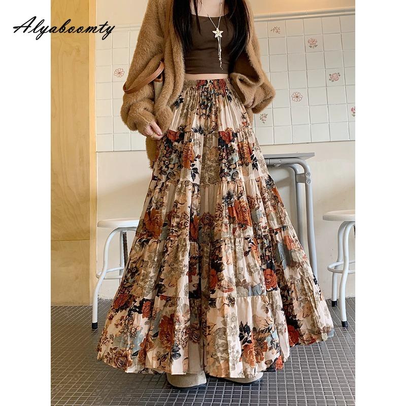 Autumn Spring Women Pleated Midi Skirt Elastic Waist Contrast Color Floral Print Elegant Skirt Feminine Vintage Maxi Long Ladies' Skirt