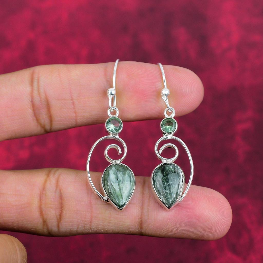 Seraphinit, Grüne Amethyst Ohrringe Edelsteinschmuck, 925 Sterlingsilber massiv handgefertigte Ohrringe, Schmuck im neuesten Design
