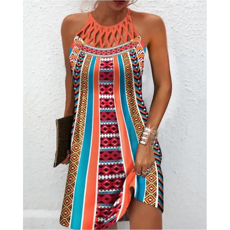 

Printed Halter Neck Dress with Keyhole Front and Asymmetric Hem 3XL помаранчевий