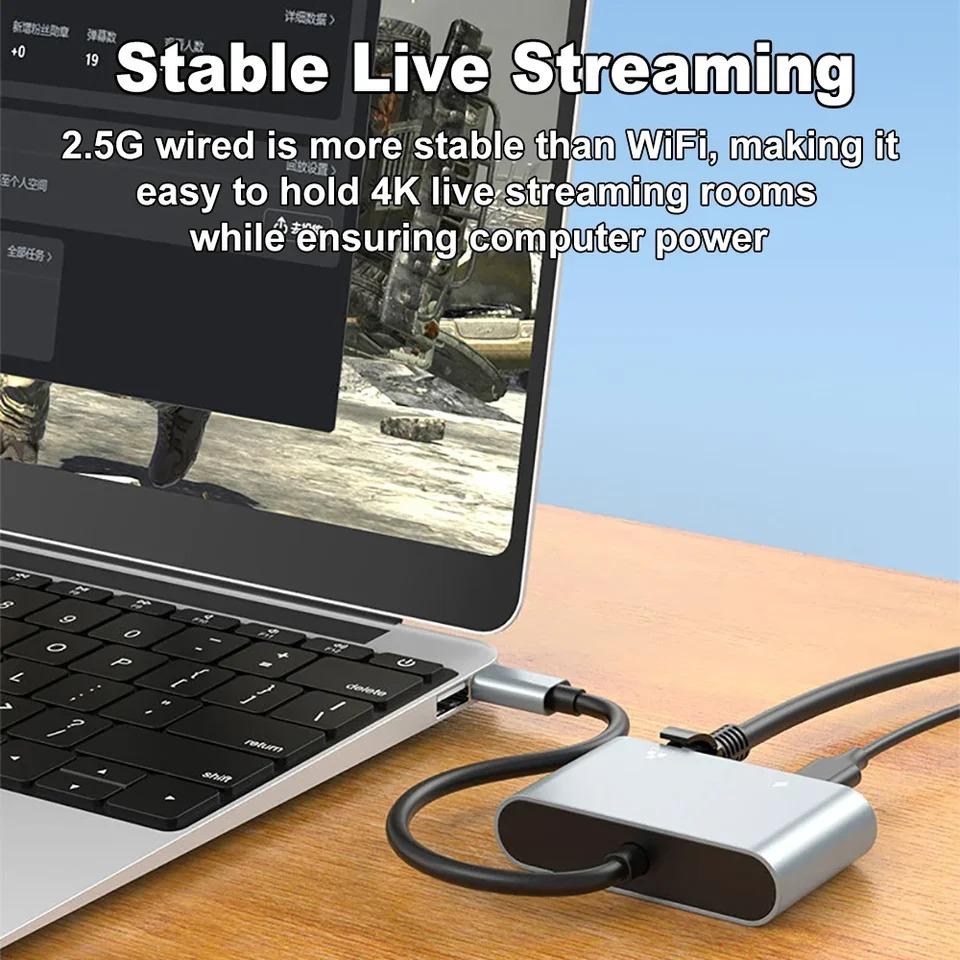 2500Mbps Network Card Type C To Ethernet Adapter 2.5G Gigabit LAN Adapter Support PD 100W Charging for Notebook Tablets Mac Book