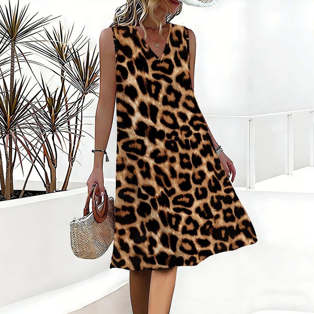 Plus Size V Neck Sleeveless Dress Chinese Ink Lotus Print For Garden Sightseeing Trip