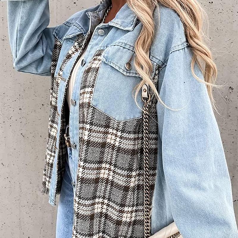 Denim Jacket Checkered Button Up Shirt Jacket Women's Patchwork Jacket Warm Comfortable Commuter Long Sleeved Shirt Autumn Winter