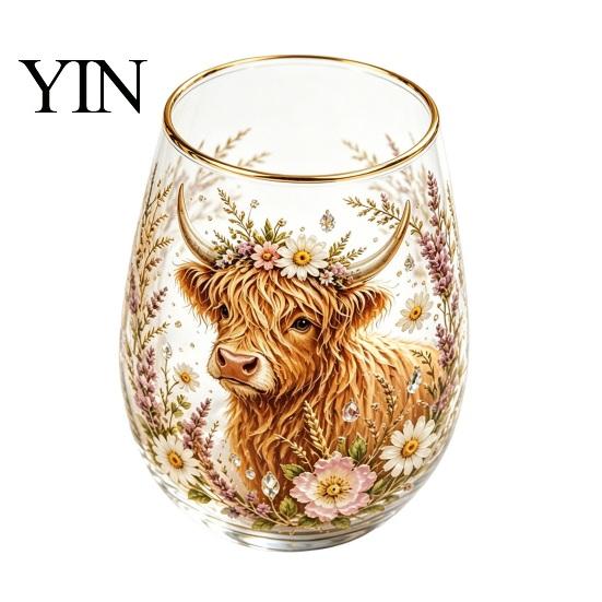 Liberty Bell Themed Glass Cup, Egg Shape Clear Lead-Free Crystal Enamel Painted Golden Rim Large Capacity Wine Vintage Drinking Tumbler, Glassware for