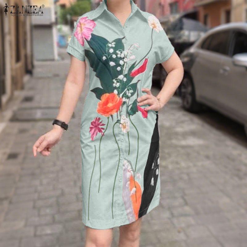 ZANZEA Women Casual Turn Down Collar Short Sleeve Print Shirt Dress